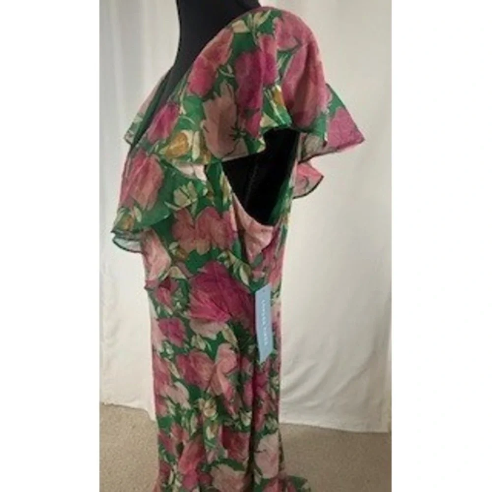 London Times Fashion Green Pink Floral Maxi Dress Ruffle Chiffon Gown Size 12 - Picture 6 of 8